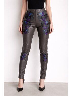 Les Chiffoniers Floral Applique Brown Leather Pants M
